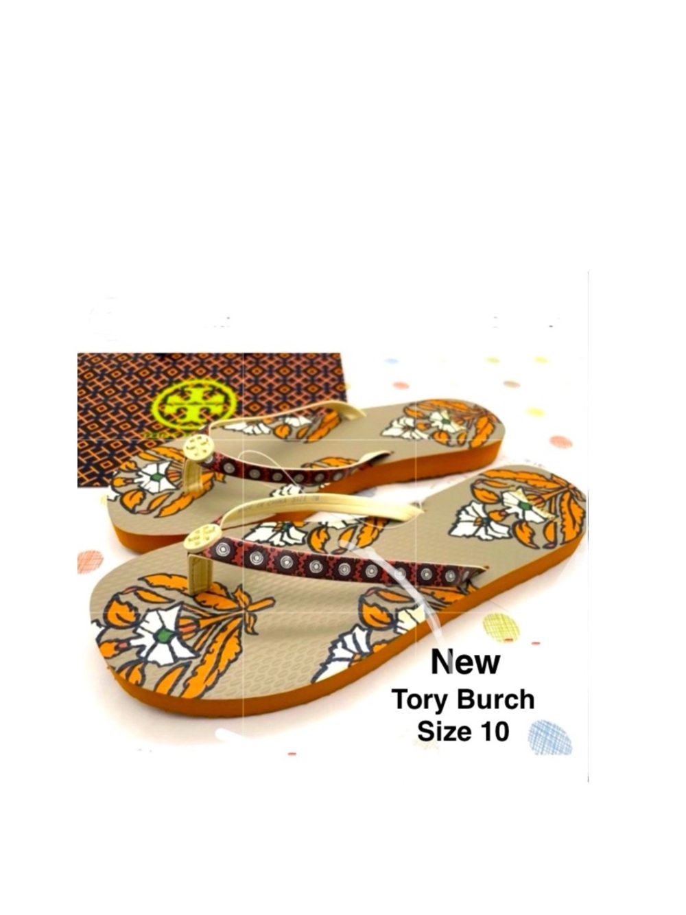 New Tory Burch 81071 Women's Flip Flop Sandals, Sun Geo Pave Block Print Size10